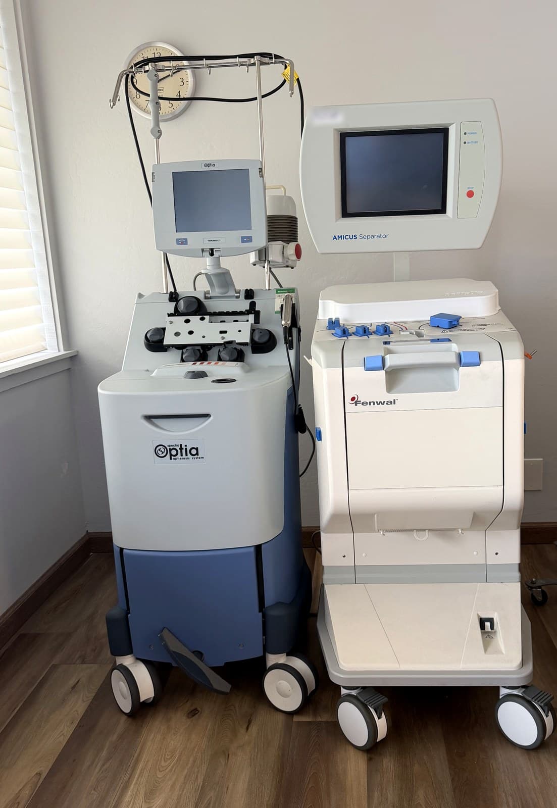 Apheresis equipment in the treatment room at Global Apheresis in Mill Valley, California