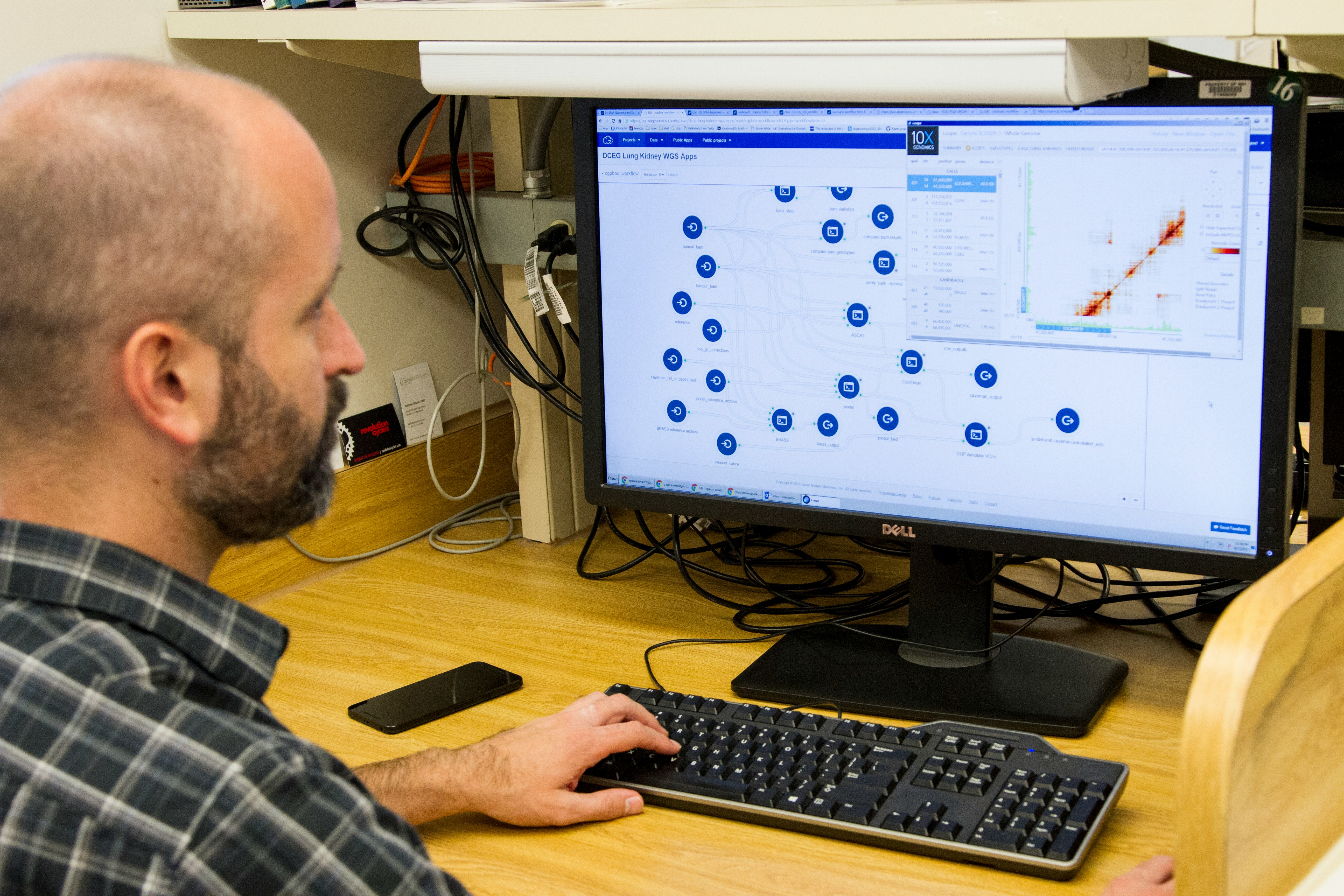 Researcher analyzing complex biological data networks on a computer screen in a laboratory setting